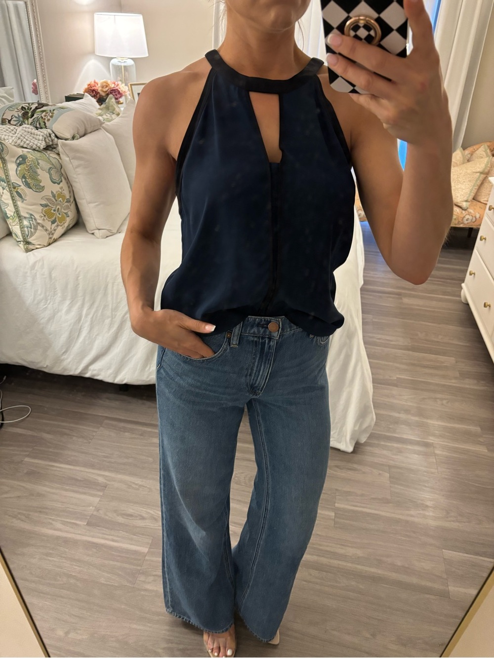 ✨ Parker Navy Silk Halter Top with Keyhole Neckline ✨